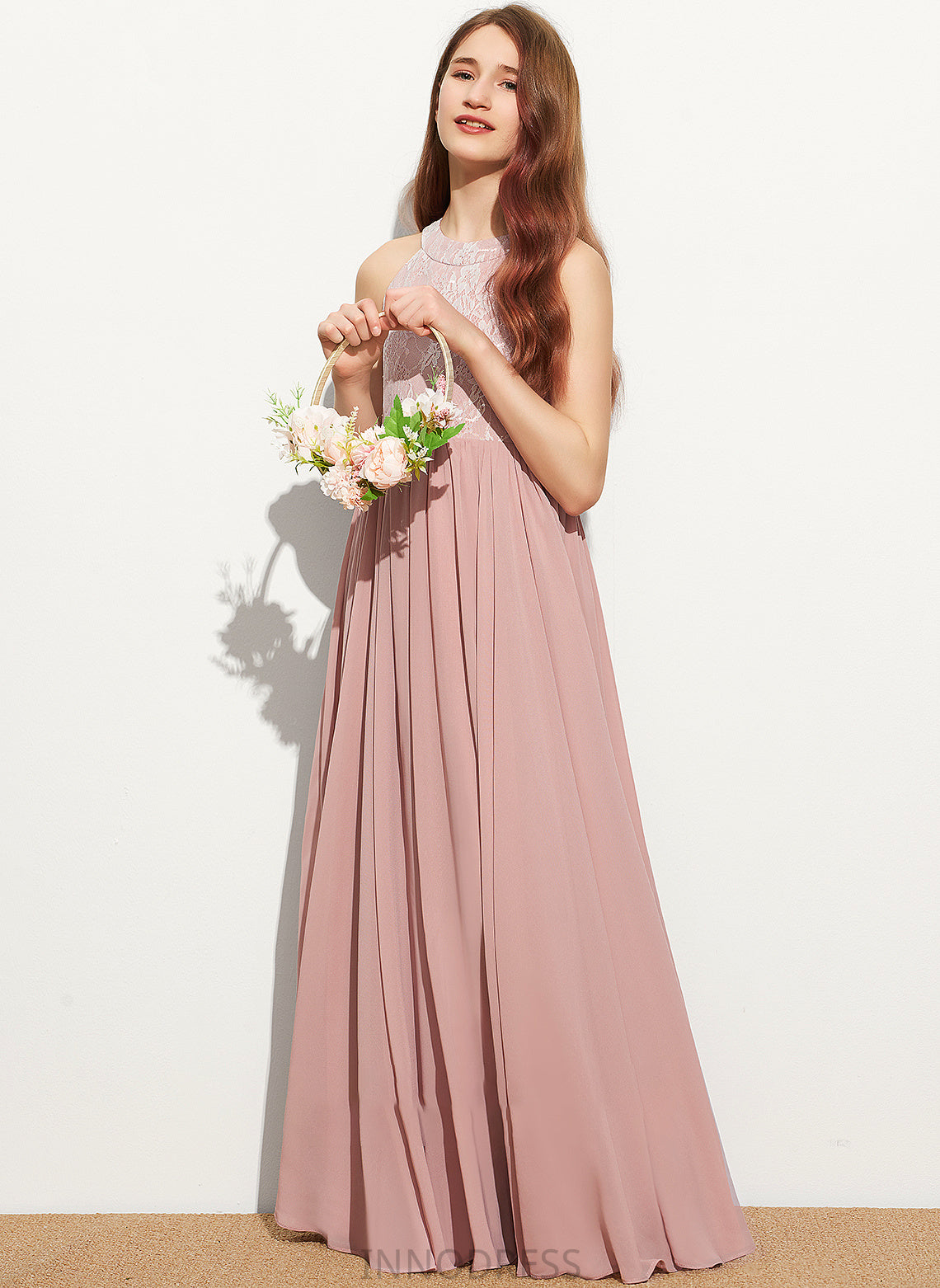 Neck Sequins Scoop Chiffon With Floor-Length Elsie Lace A-Line Junior Bridesmaid Dresses