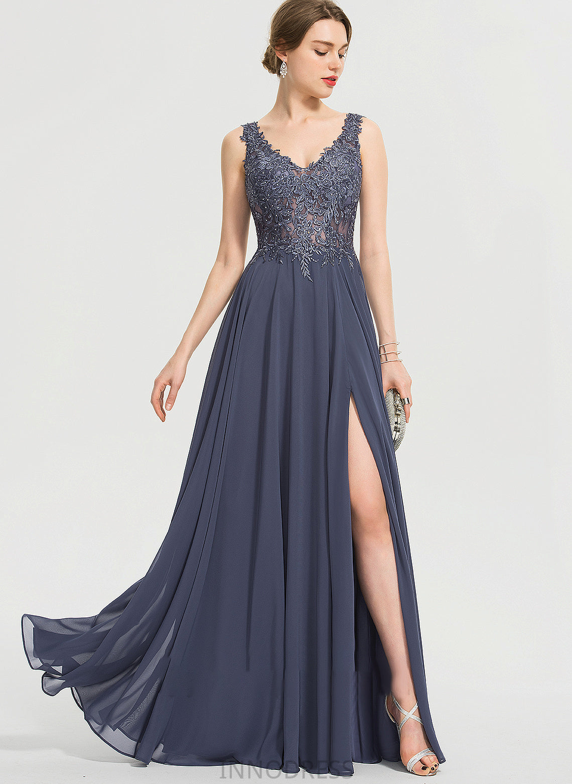 Anika A-Line Beading Front Chiffon Prom Dresses With Sequins Floor-Length Split V-neck