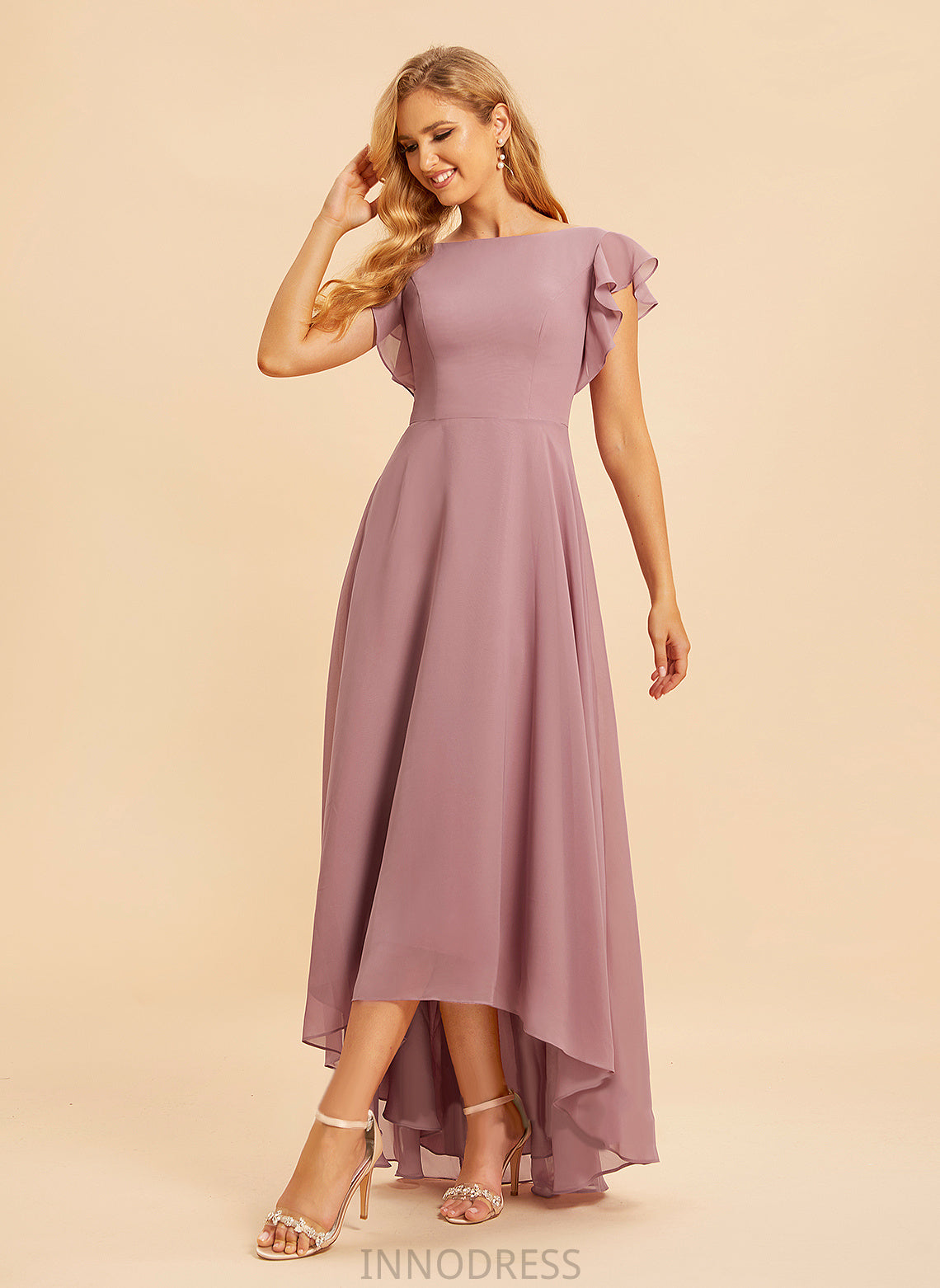 Asymmetrical Embellishment Ruffle Neckline ScoopNeck Silhouette A-Line Length Fabric Bailey Spaghetti Staps Natural Waist Bridesmaid Dresses