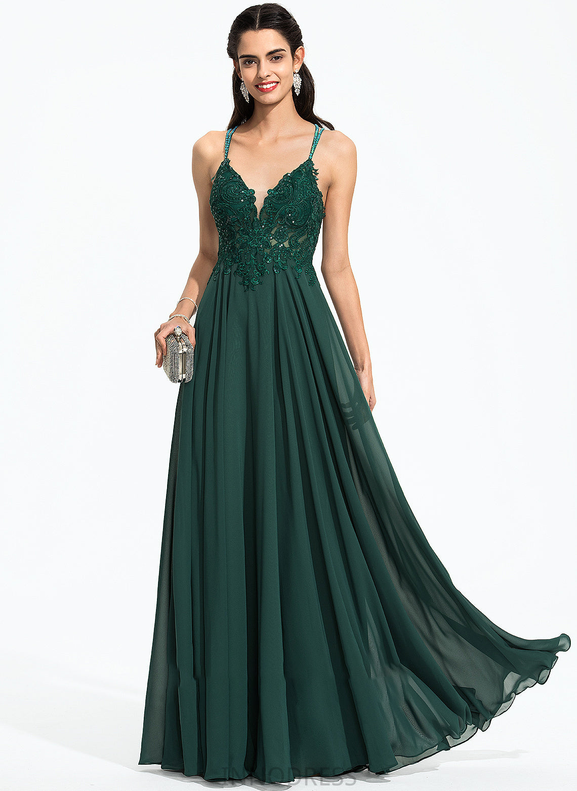 Beading Sequins Prom Dresses With A-Line Floor-Length V-neck Ingrid Chiffon