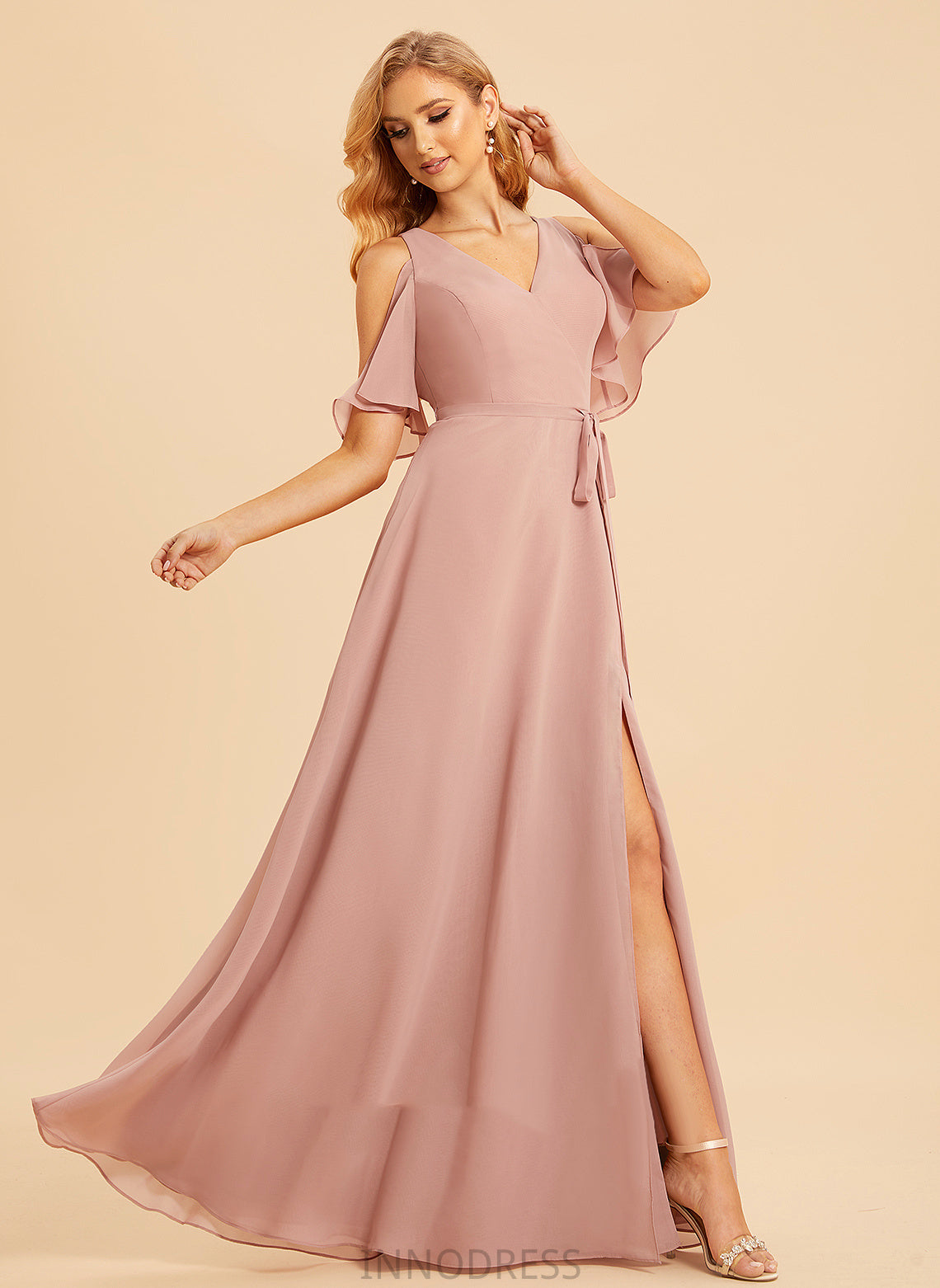 Fabric A-Line SplitFront V-neck Silhouette Neckline Embellishment Length Floor-Length Micaela Sleeveless A-Line/Princess Bridesmaid Dresses