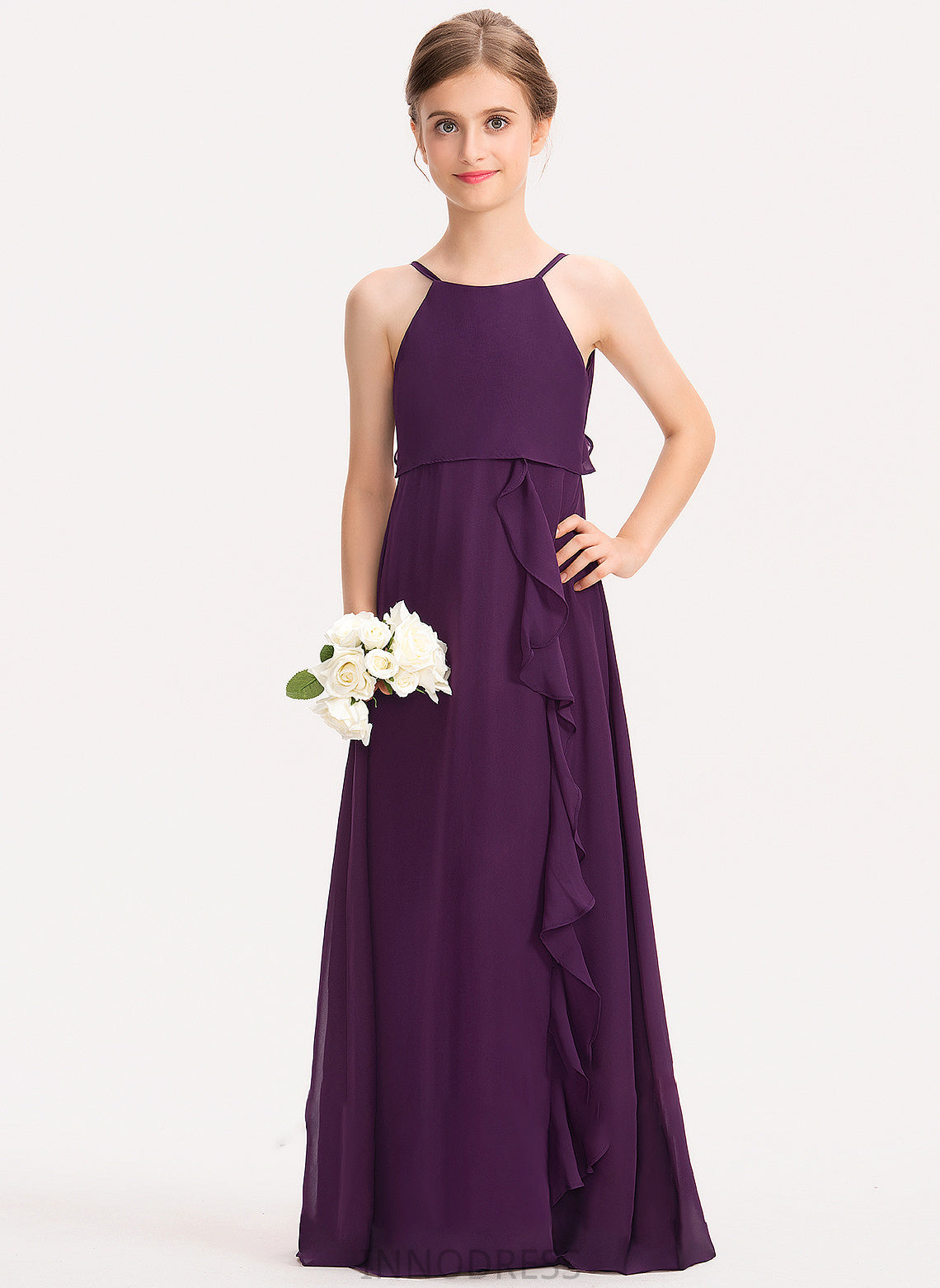 Scoop Bow(s) Floor-Length With Chiffon Elsa Cascading Junior Bridesmaid Dresses Neck Ruffles A-Line