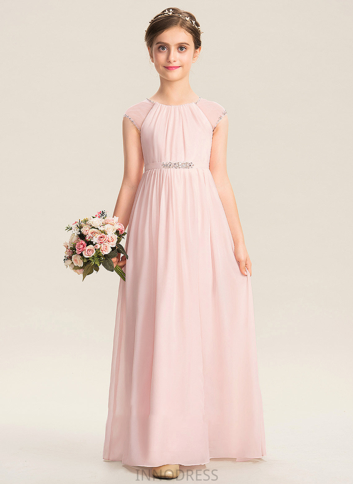 Beading A-Line Floor-Length Chiffon Neck Sequins Scoop Junior Bridesmaid Dresses Krystal With