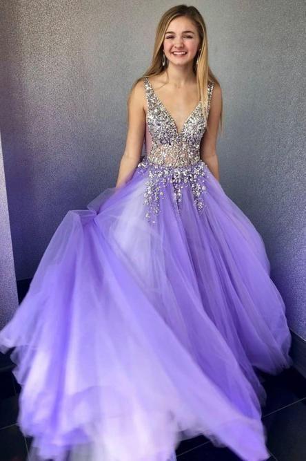 A Line Tulle V Neck Graduation Dresses Prom Dresses with Beading Long Formal Dresses