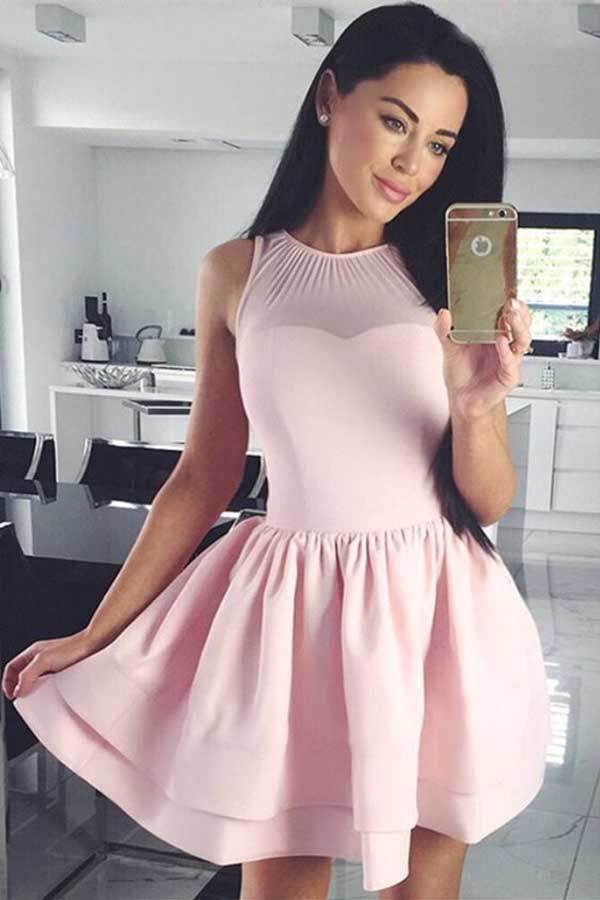 Chic A-Line Crew Sleeveless Short Satin Homecoming Dresses