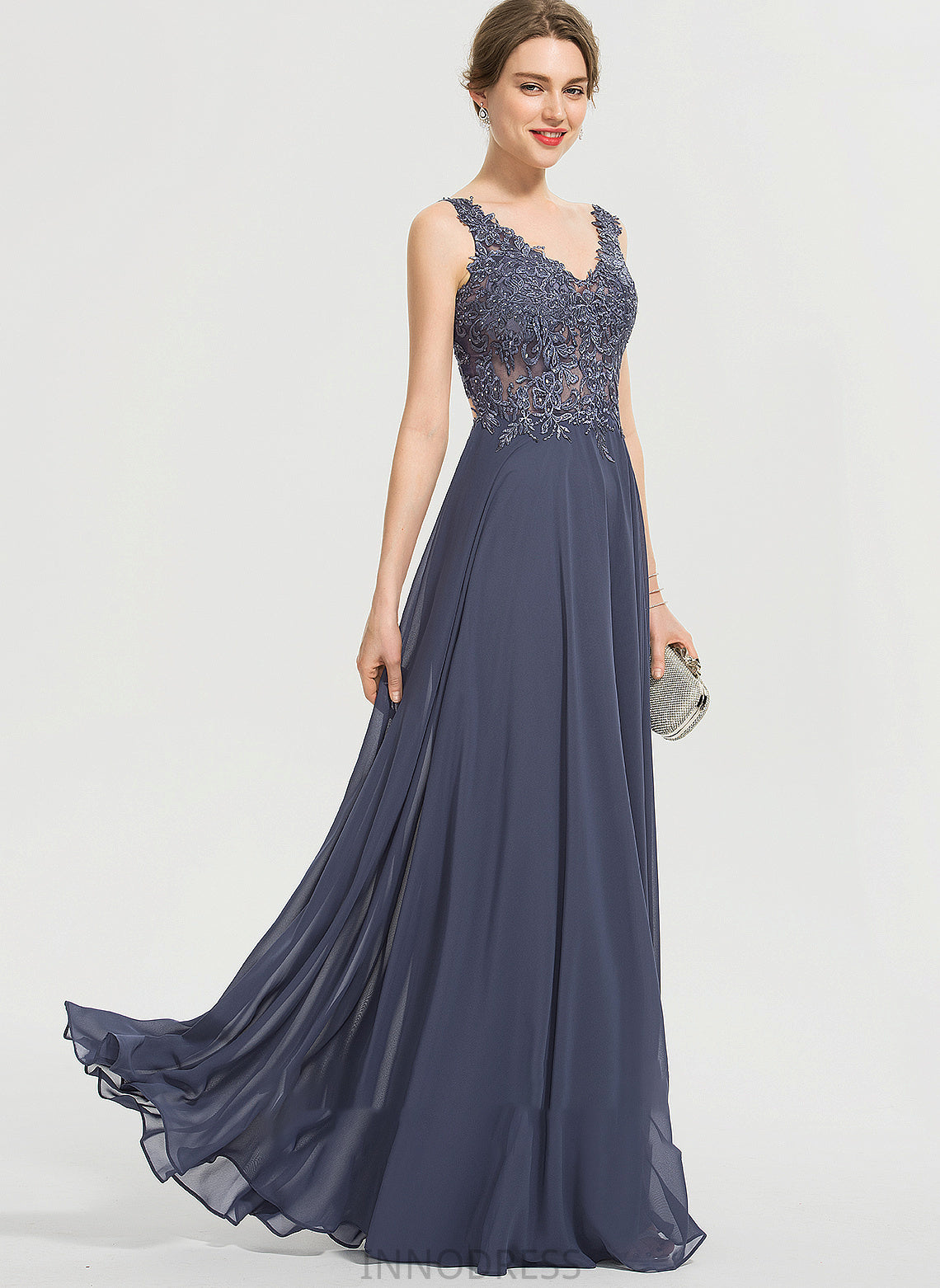 Anika A-Line Beading Front Chiffon Prom Dresses With Sequins Floor-Length Split V-neck