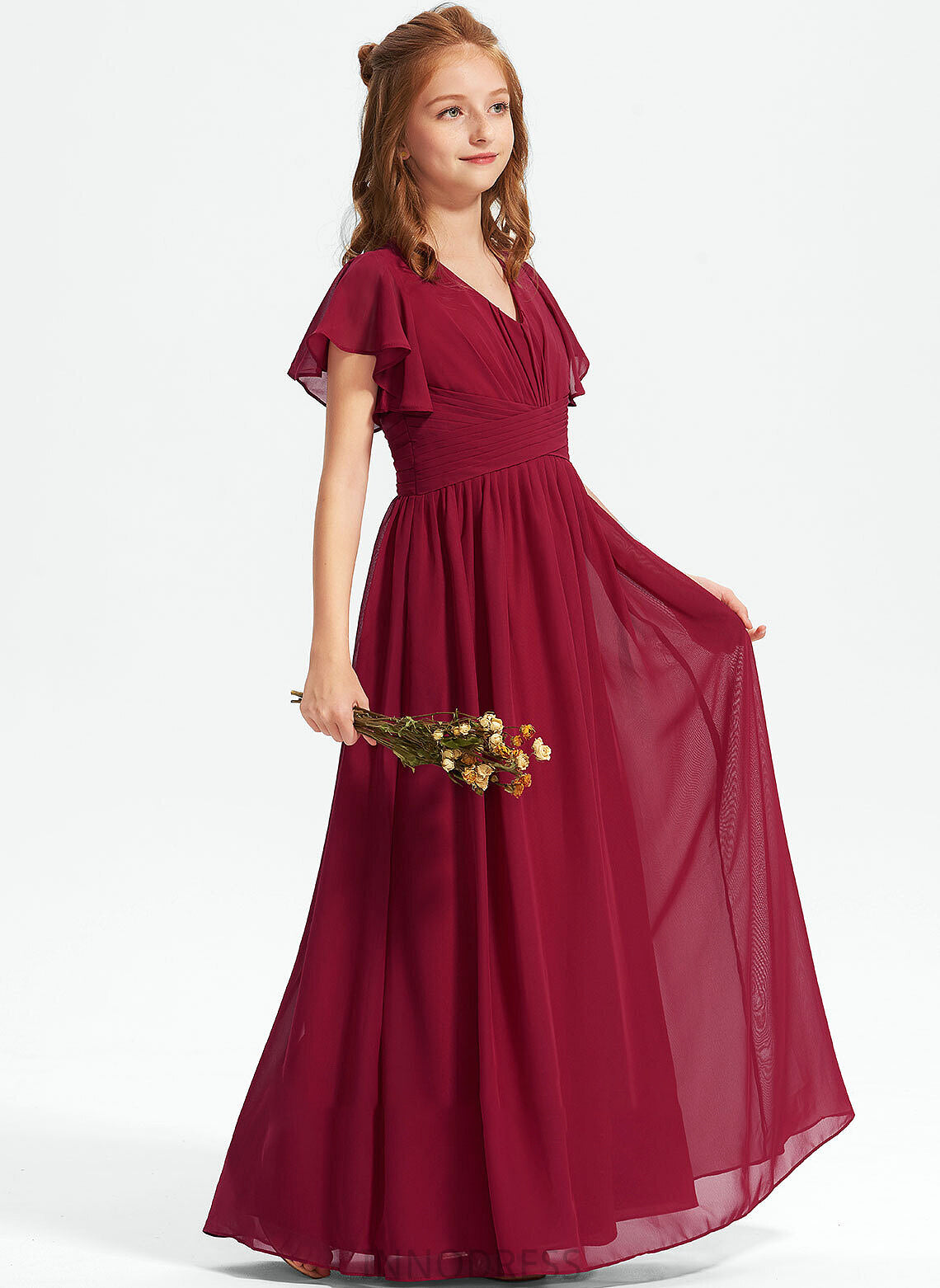 A-Line V-neck Chiffon Junior Bridesmaid Dresses Jenny With Floor-Length Ruffle