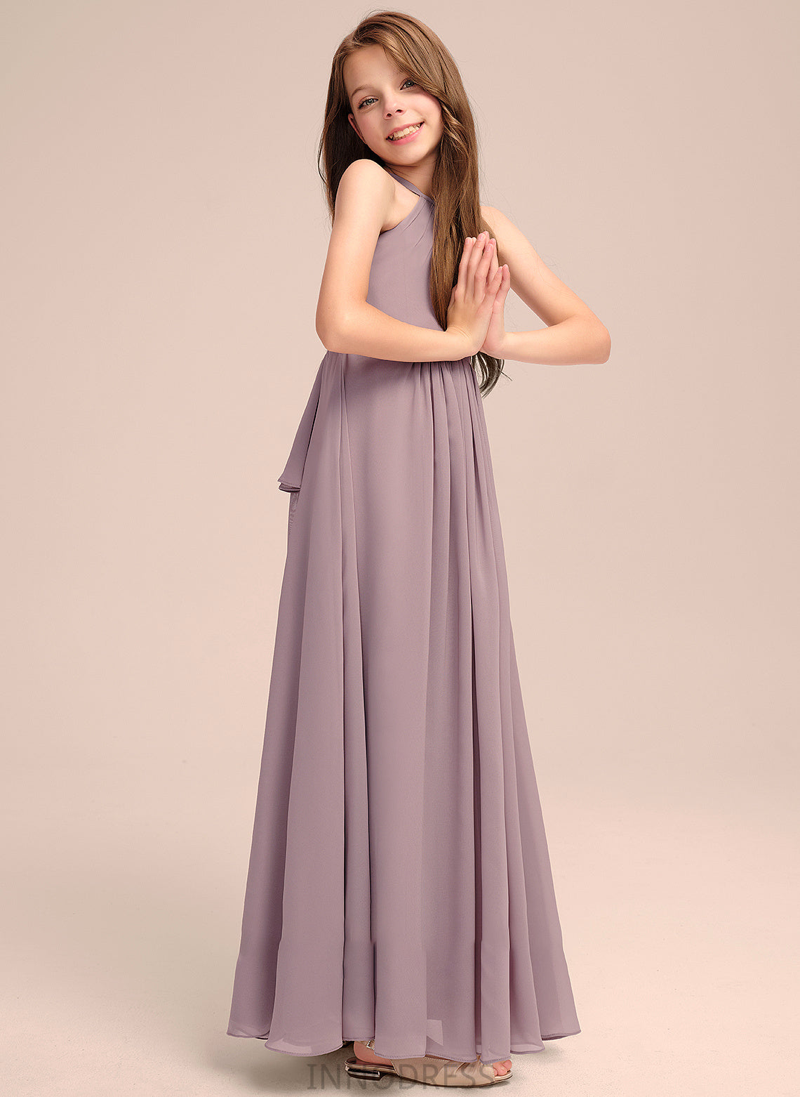 Cascading Floor-Length A-Line Kamryn Ruffles With Scoop Neck Junior Bridesmaid Dresses Chiffon