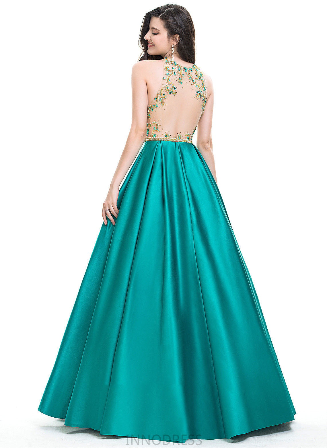 Scoop Satin Beading Floor-Length Taylor Sequins Neck Ball-Gown/Princess With Prom Dresses