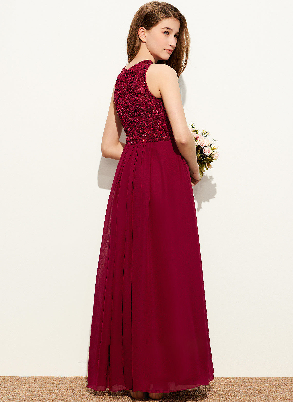 With Neck A-Line Junior Bridesmaid Dresses Chiffon Sophie Scoop Floor-Length Sequins Lace