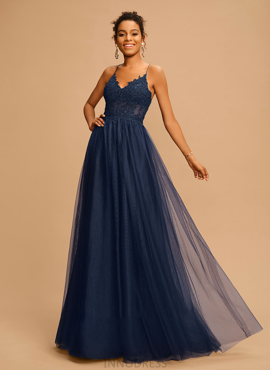 Floor-Length A-Line Beading Sequins Tulle V-neck Kamora With Prom Dresses