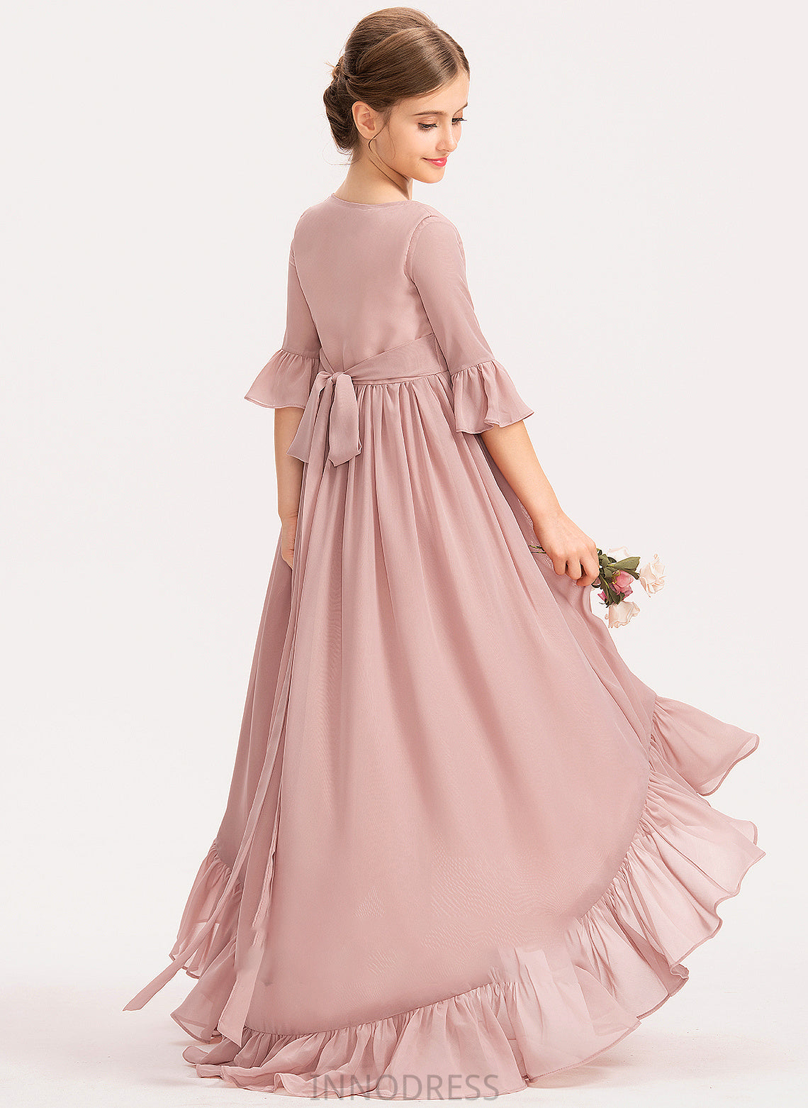 Chiffon Cascading Ruffles Junior Bridesmaid Dresses Holly Scoop With Bow(s) Asymmetrical Neck A-Line