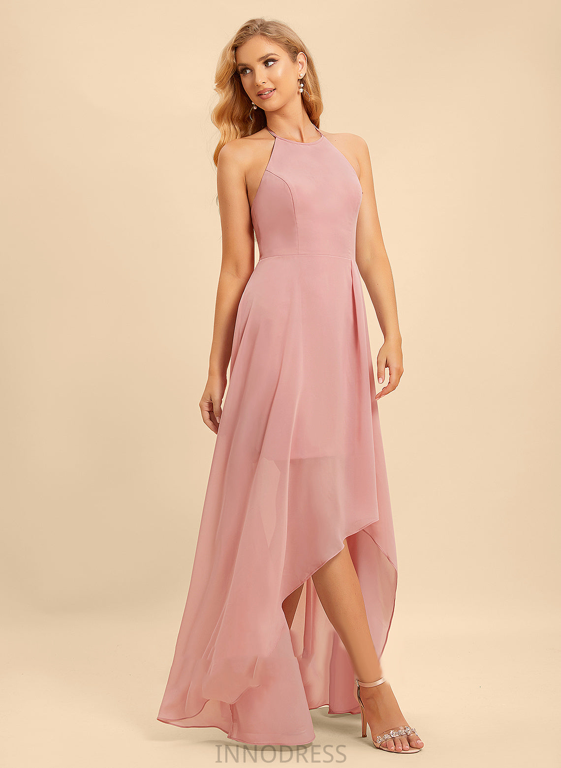 A-Line Neckline Halter Fabric Embellishment Silhouette Asymmetrical Ruffle Length Kay Natural Waist Scoop Bridesmaid Dresses