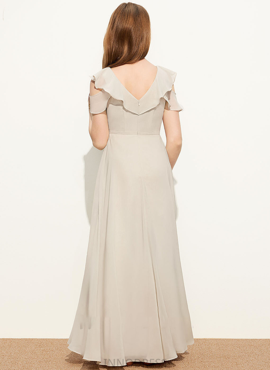 Floor-Length Ruffles Cascading Morgan Junior Bridesmaid Dresses Chiffon V-neck With A-Line