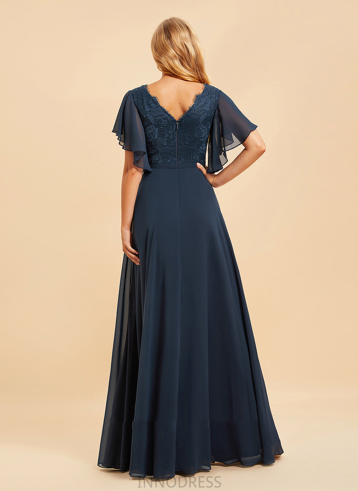 SplitFront Floor-Length A-Line Fabric Neckline Silhouette Embellishment V-neck Length Lace Abbigail Sleeveless Bridesmaid Dresses