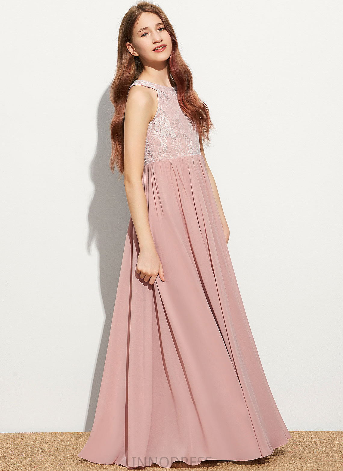 Neck Sequins Scoop Chiffon With Floor-Length Elsie Lace A-Line Junior Bridesmaid Dresses