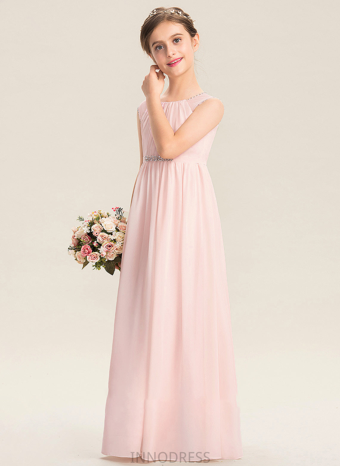 Beading A-Line Floor-Length Chiffon Neck Sequins Scoop Junior Bridesmaid Dresses Krystal With