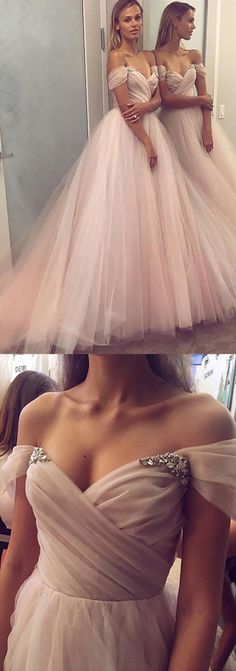 Delicate Sweetheart Off the Shoulder Pink Tulle Prom Dresses