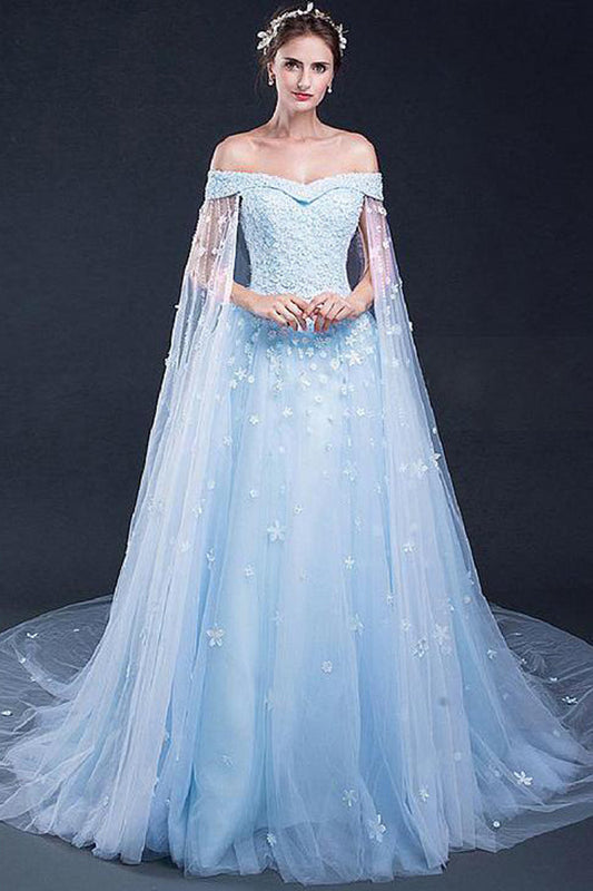 Gorgeous Tulle Off the Shoulder Blue With Lace Appliuqes Prom Dresses