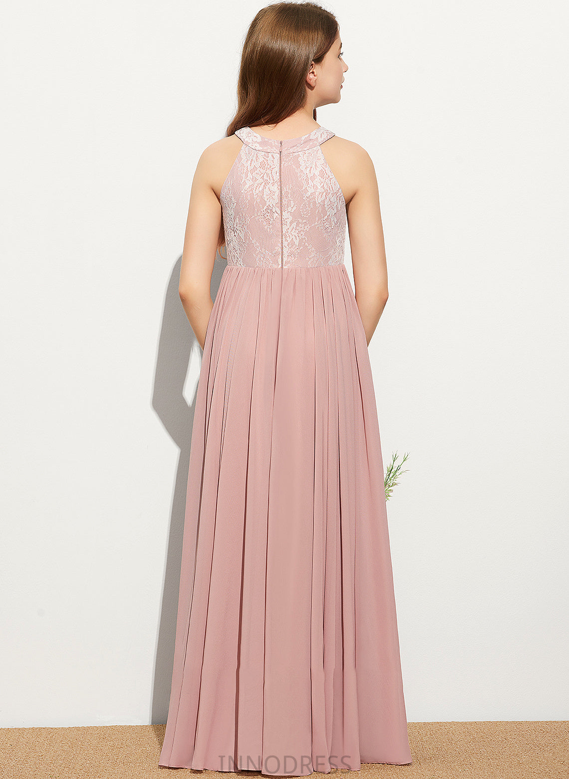 Neck Sequins Scoop Chiffon With Floor-Length Elsie Lace A-Line Junior Bridesmaid Dresses