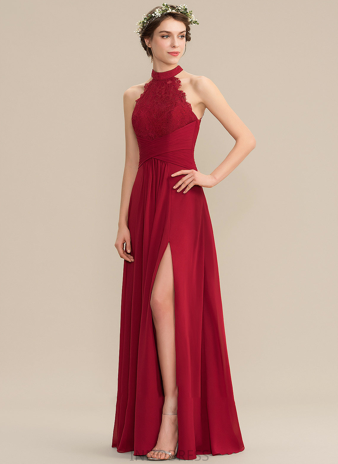 Prom Dresses A-Line Neck Split With Jane Lace High Ruffle Front Chiffon Floor-Length