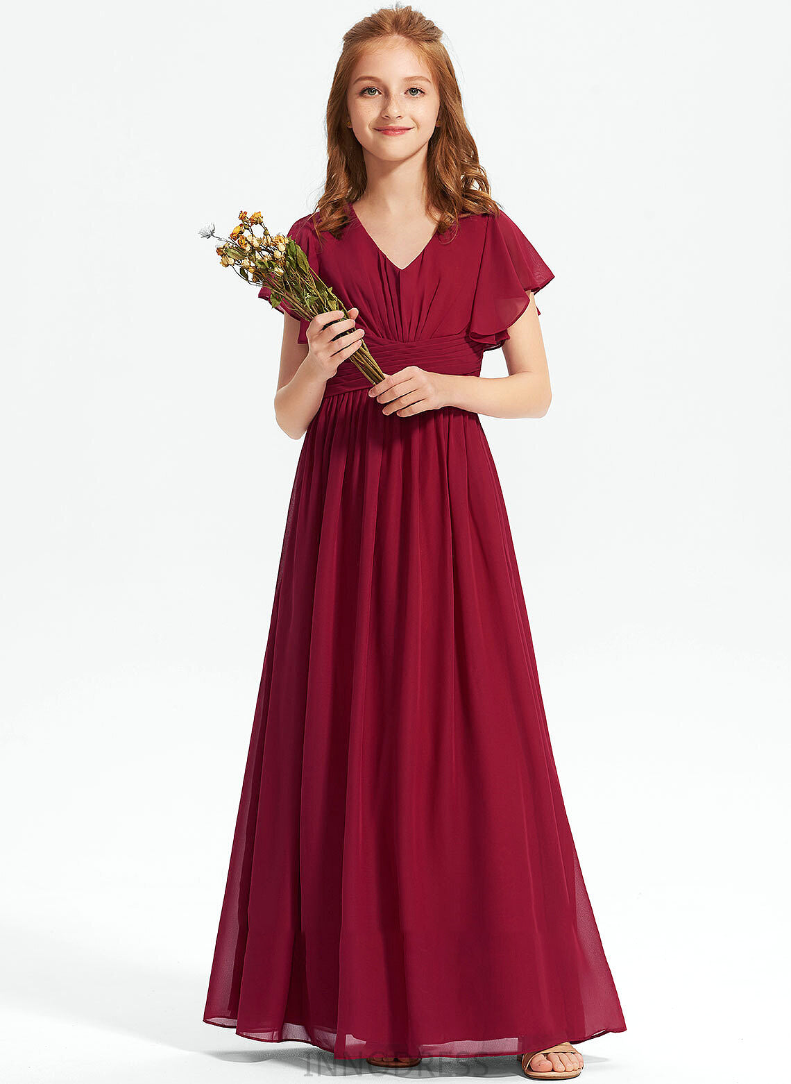 A-Line V-neck Chiffon Junior Bridesmaid Dresses Jenny With Floor-Length Ruffle