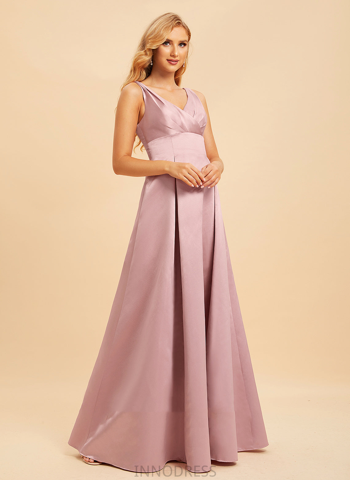 Satin Floor-Length Fabric Straps Length V-neck Neckline A-Line Silhouette Ashley A-Line/Princess Knee Length Bridesmaid Dresses