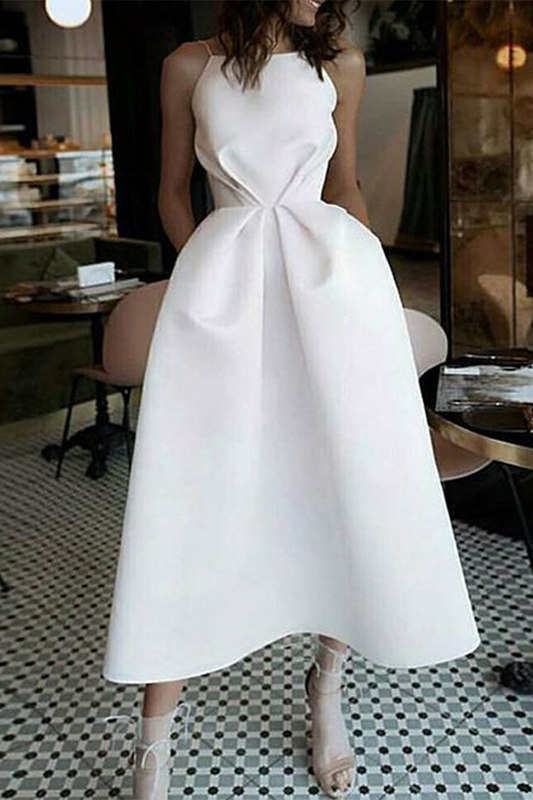 A-Line Tea-Length White Prom Pru Homecoming Dresses Dress With Pockets