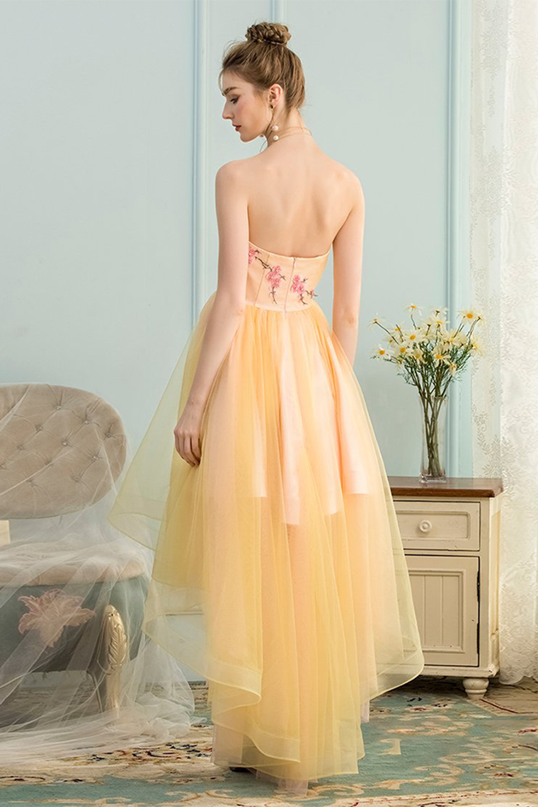 A-Line Satin Lesly Homecoming Dresses Sweetheart High Low Yellow Stretch With Appliques