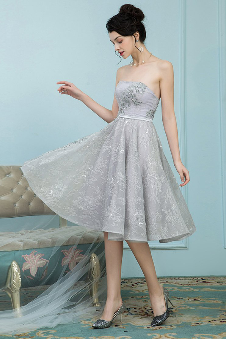 A-Line Strapless Grey Ball Gown With Lace Lacey Homecoming Dresses Rhinestones