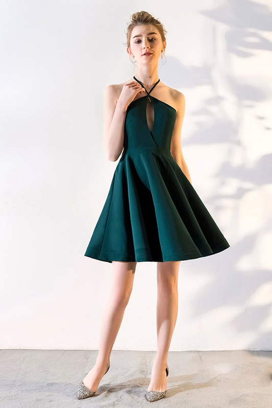 A-Line V-Neck Knee-Length Patsy Homecoming Dresses Satin Hunter