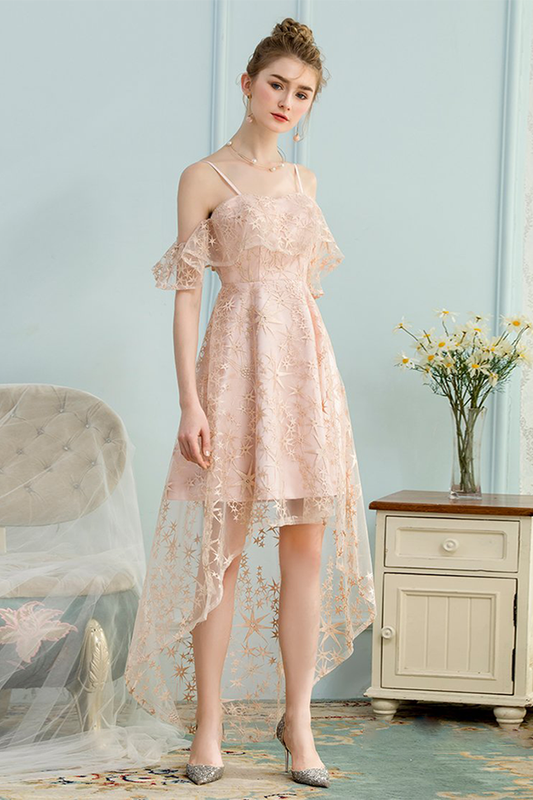 Lace Pink Homecoming Dresses Julia High Low A-Line Spaghetti Straps Ice