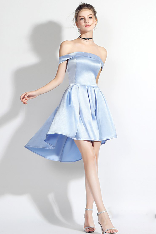 High Low Off-The-Shoulder Light Sky Homecoming Dresses Satin Joanna Blue