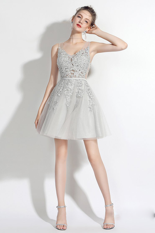 A-Line V-Neck Grey Homecoming Dresses Paris With Sash Appliques