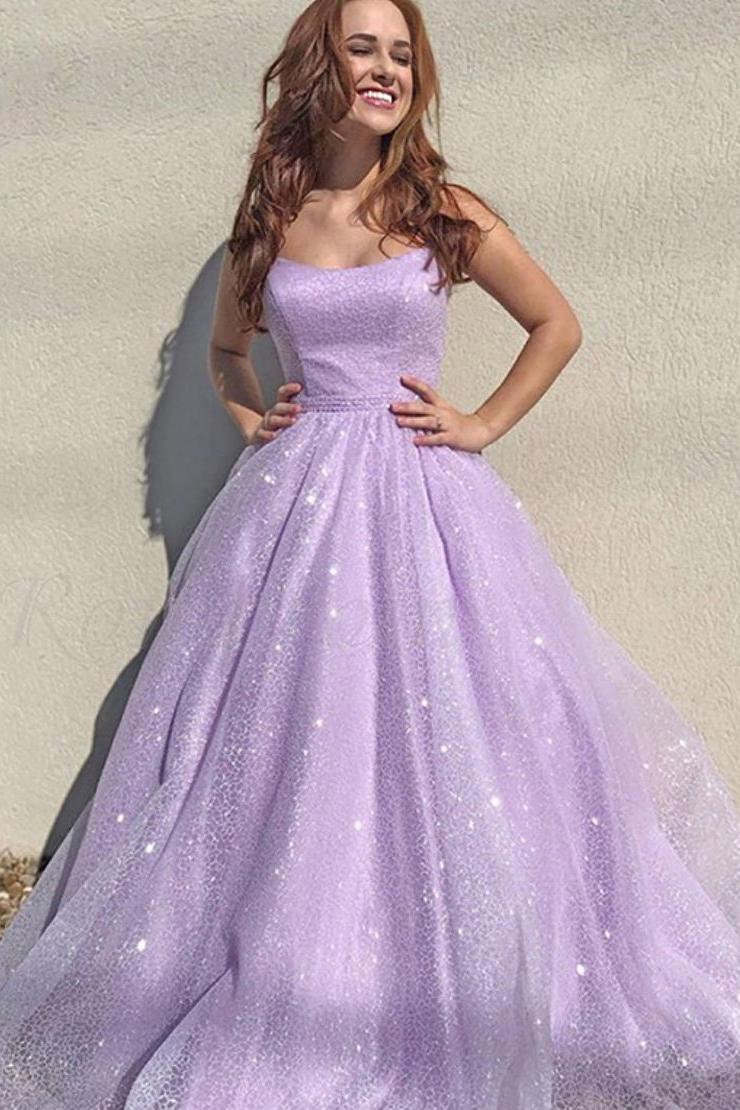 Lilac Sleeveless A Line Sequins Long Prom Dresses