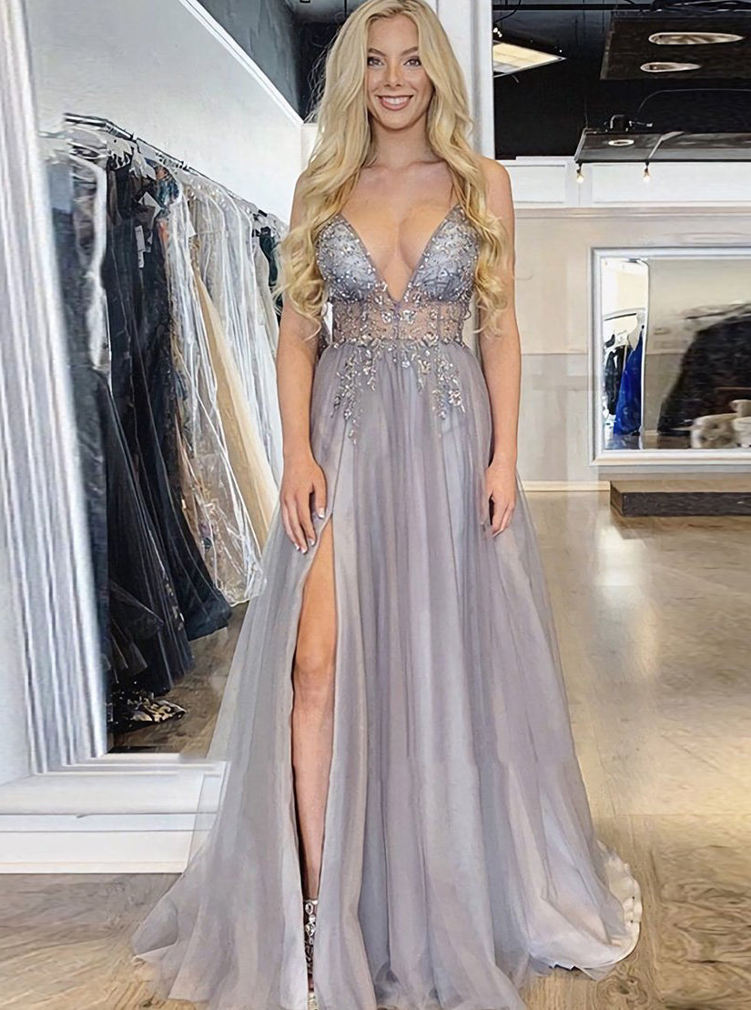 Chic A Line Beaded Long Prom Dresses Sleeveless Evening Dresses