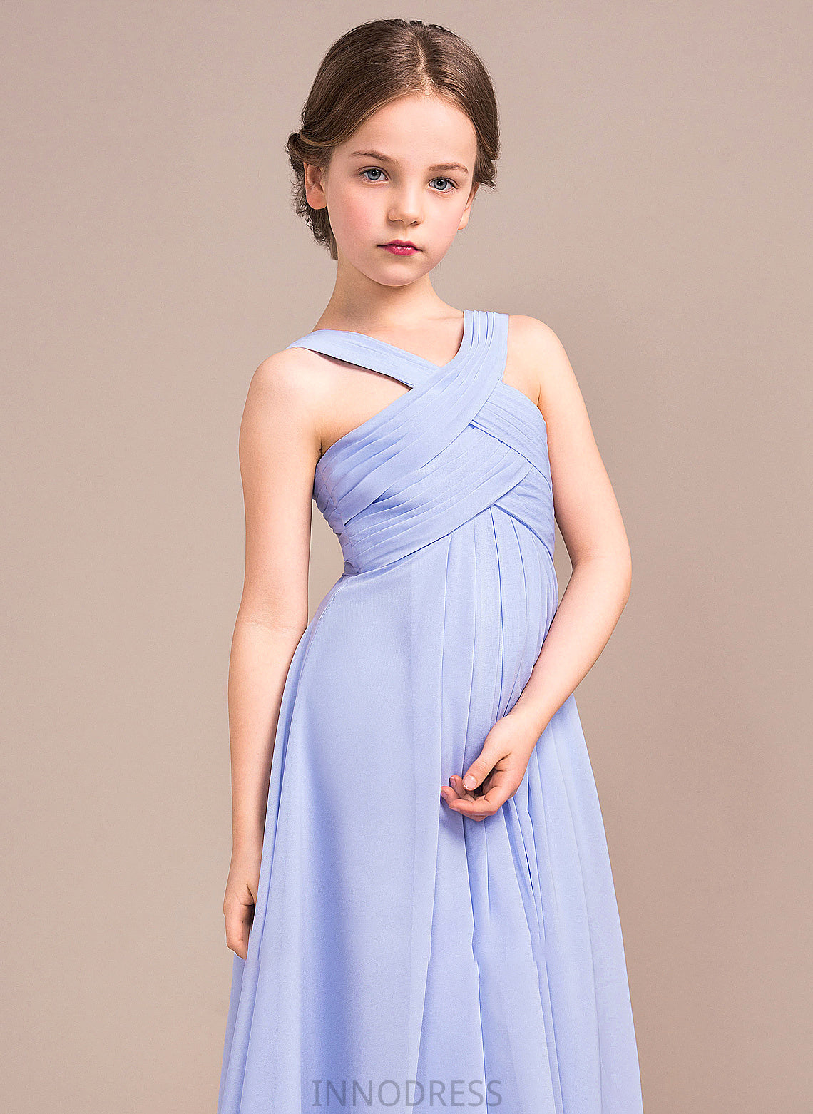 V-neck A-Line Chiffon Junior Bridesmaid Dresses Floor-Length Jaslene Ruffle With