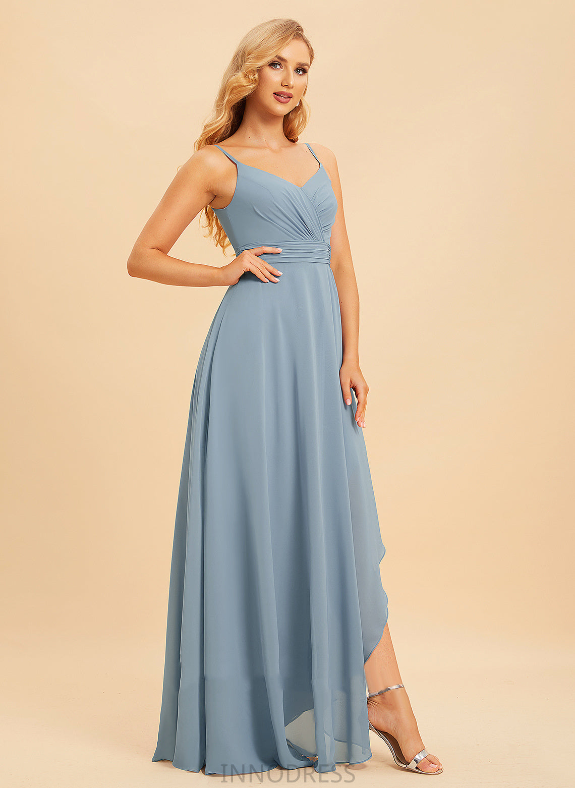 Embellishment Fabric Asymmetrical Ruffle A-Line V-neck Length Neckline Silhouette Penelope A-Line/Princess Floor Length Bridesmaid Dresses