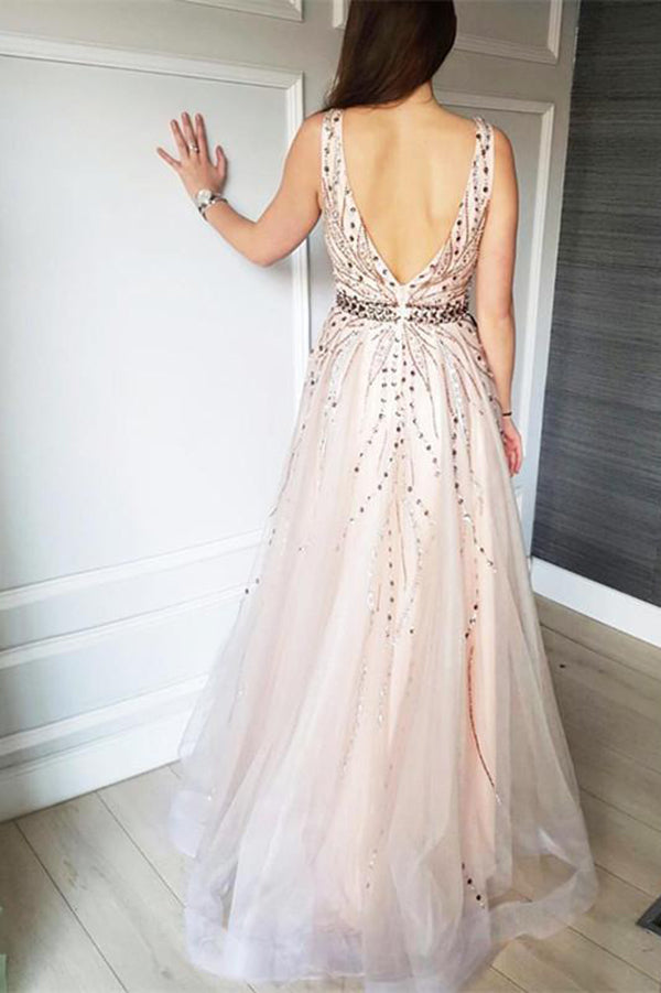 Elegant V Neck Open Back Long Prom Dresses Tulle Party Dresses with Beading