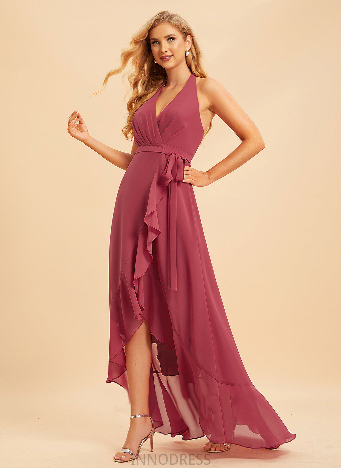 Neckline Asymmetrical Halter Silhouette Length Embellishment Ruffle Fabric A-Line Callie A-Line/Princess V-Neck Bridesmaid Dresses