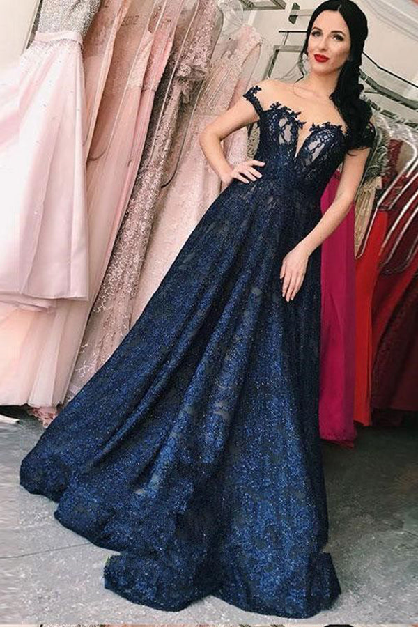 Luxury Sheer Neck Lace Prom Dresses A Line Ball Gown with Appliques