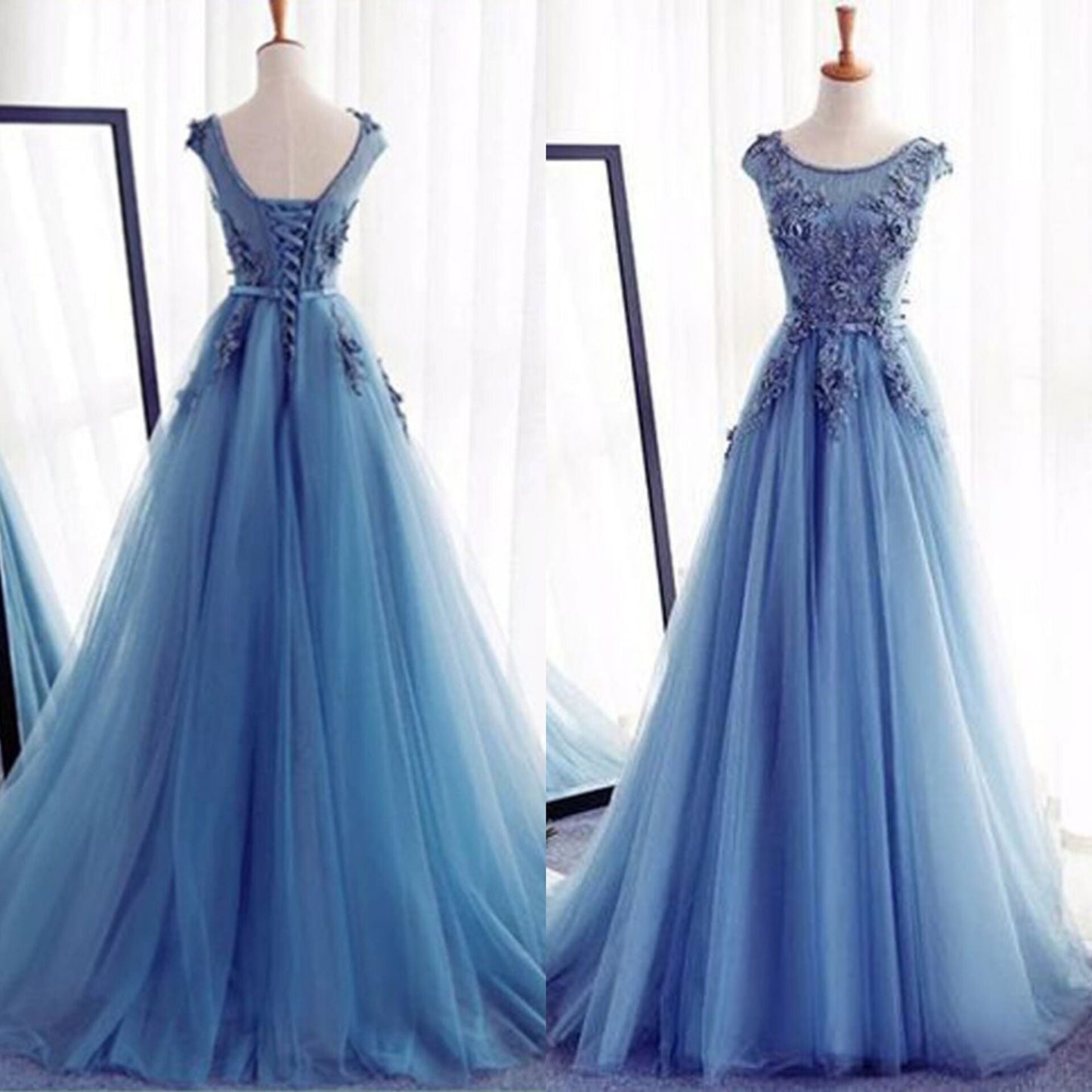 Princess Blue A Line Floor Length Tulle Mid Back Floral Boat Prom Dresses