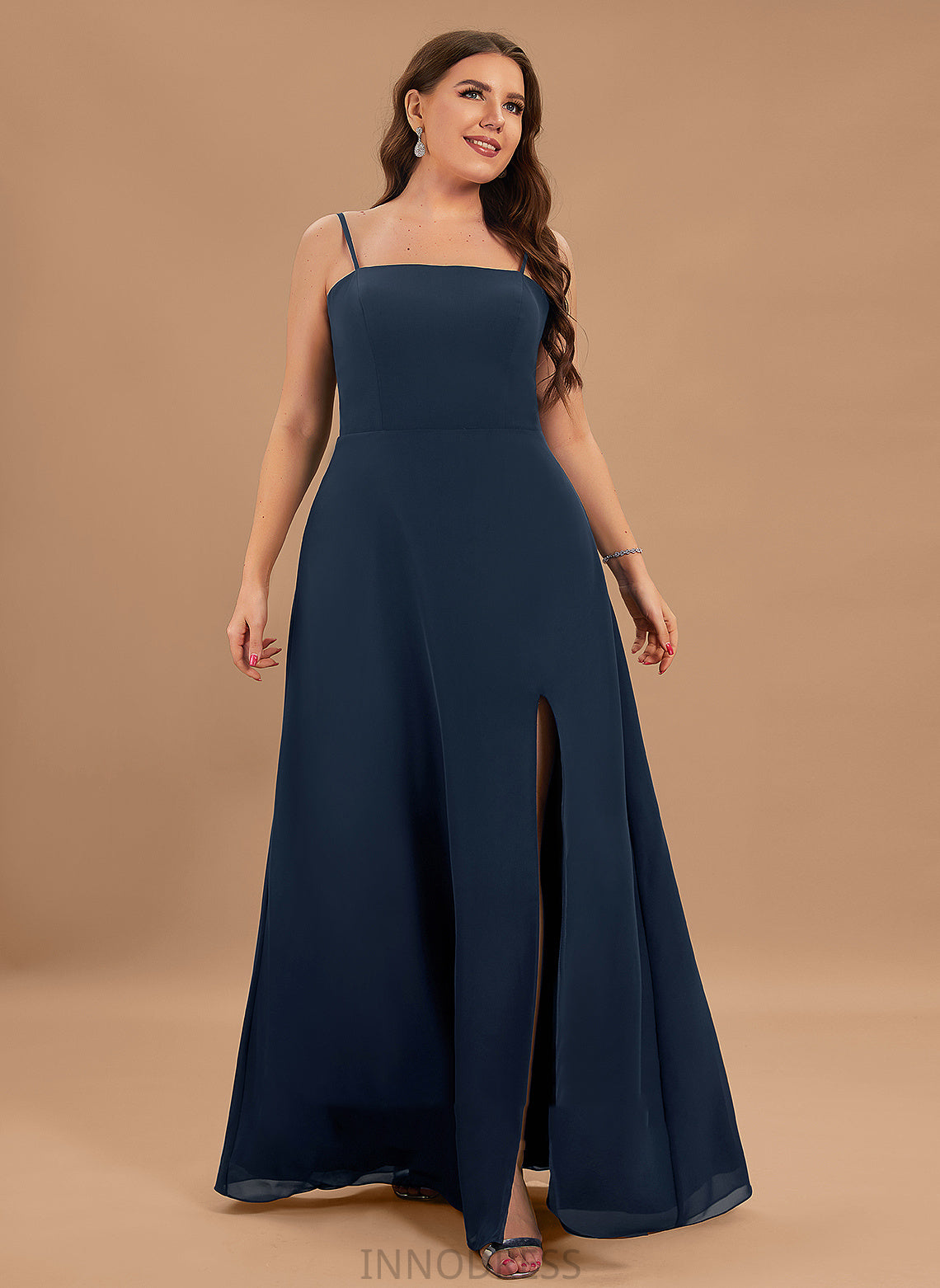 SplitFront Fabric Embellishment A-Line Length Floor-Length SquareNeckline Silhouette Neckline Alisha Scoop Sleeveless Bridesmaid Dresses