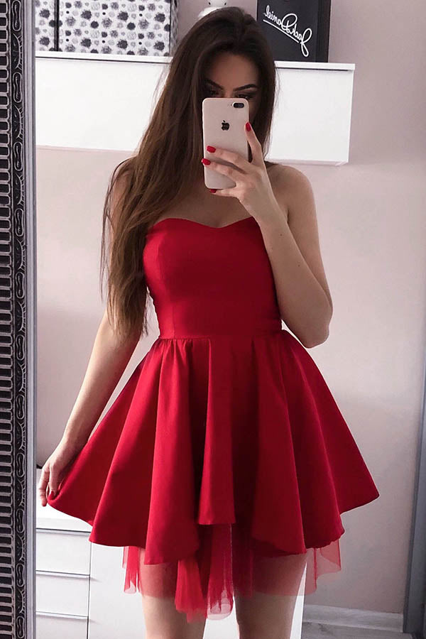 Simple Red Sweetheart A Line Satin Homecoming Dresses