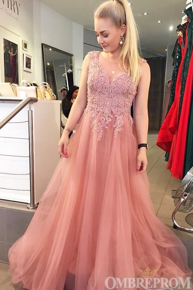 Charming Sheer Round Neck A Line Tulle Prom Dresses with Beading