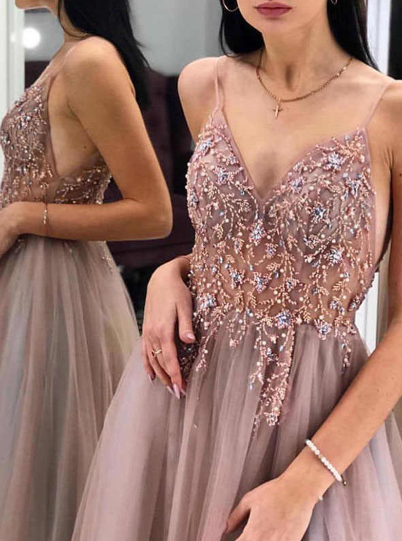 Chic A Line Beaded Long Prom Dresses Sleeveless Evening Dresses