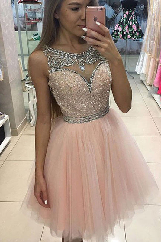 Tulle Sheer Beading Short Homecoming Dresses