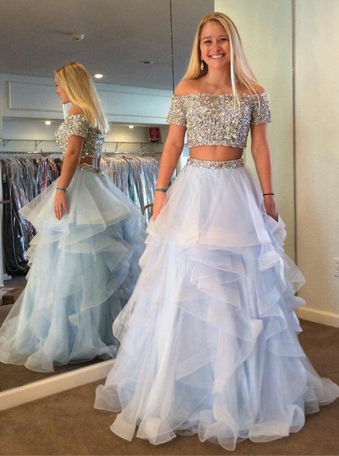 Two Pieces Beading Light Blue And Silver Princess Prom Dresses Cute Party Dresses