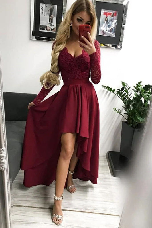 V-neck Burgundy Long High Low Long Sleeves Lace Prom Dresses Women Dresses