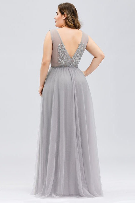 Light Gray Long V-neck Floor Length Prom Dresses With Appliques Plus Size Prom Gowns